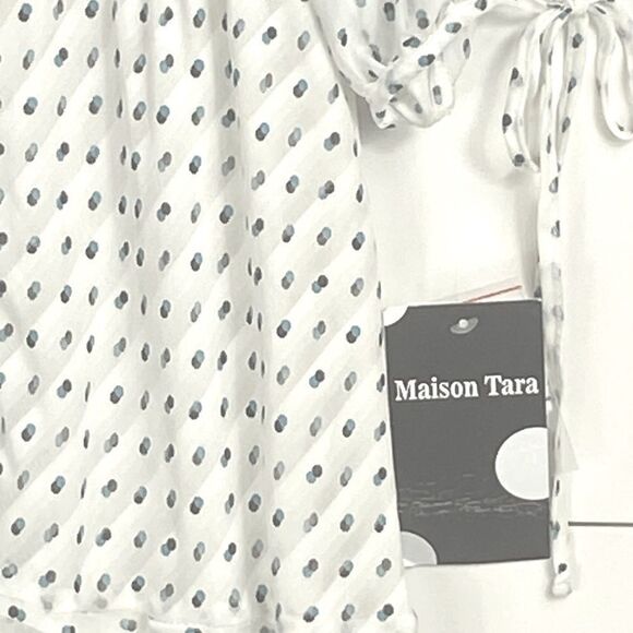 Maison Tara Wm’s Sz 4 White Blue Polka Dot Motif Jewel Neckline A Line Dress - Picture 6 of 7